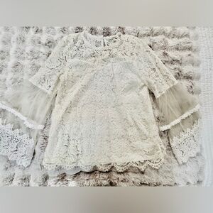 White Lace Bell Sleeve Mesh Blouse Top Holiday Medium